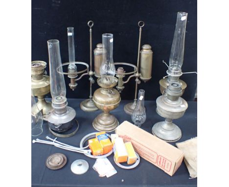 TWO SIMILAR COLZA TYPE OIL LAMPS (a/f), other oil lamps and 'Aladdin' lamp accessories