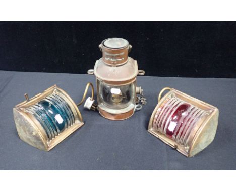 A PAIR OF NAVAL BRASS PORT/STARBOARD LAMPS together with a WW2 naval brass lamp