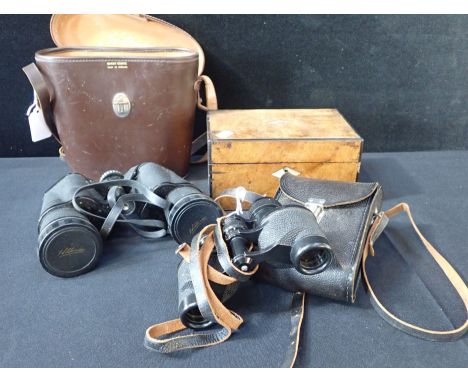 A PAIR OF WILKINSON BINOCULARS, A RUSSIAN PAIR and a Victorian walnut sewing box (3)