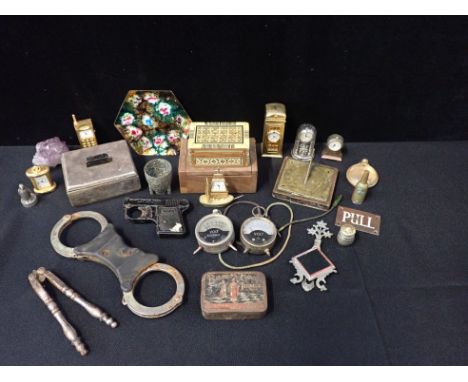 A PLATED CIGARETTE BOX, AND SUNDRIES including a miniature sundial, Webley sports starting pistol, etc