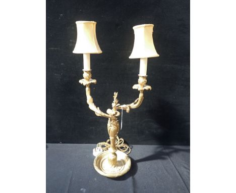 A FINE GILDED BRASS TWO BRANCH TABLE LAMP early 20th century, 70 cms high