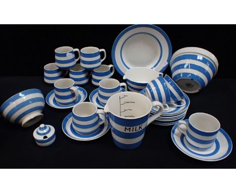 T.G.GREEN: A COLLECTION OF CORNISH BLUE WARE including a mustard pot, 8 cups and 3 saucers by Judith Onions, and other items 