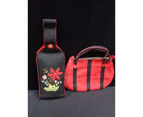 A VINTAGE FELT APPLIQUE HANDBAG of deep form, with floral decoration and red lining 15cm wide, 48cm high, and another vintage