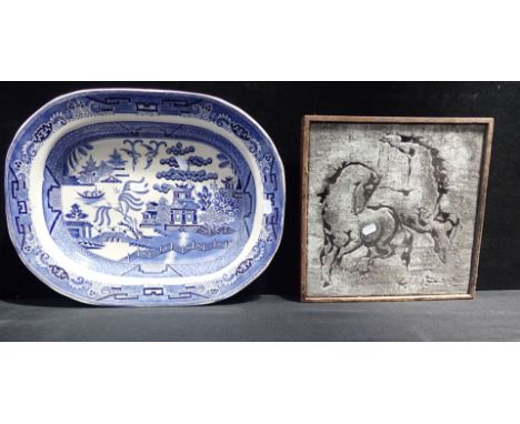 A FRAMED FRENCH ART TILE with Chinese style horse motif, signed and dated 1959, 32 cms square, with a Victorian Willow patter
