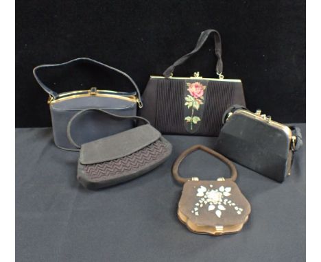 FIVE VINTAGE EVENING BAGS including one with floral sequin decoration and integral compact (faded)