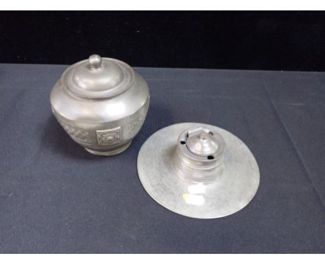 A GEORGIAN STYLE PEWTER INKWELL by James Dixon, and a 1920s pewter tobacco pot (dented) (2)