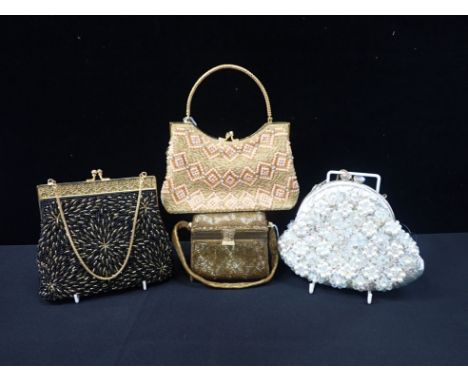 A VINTAGE BEADED EVENING BAG, OR PURSE OF BOX FORM beaded all over, 12cm wide, bought in Hong Kong or Singapore c. 1950, and 
