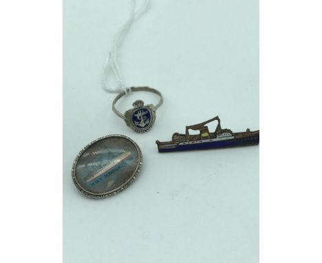 Silver Royal Navy ring, Sterling silver H.M.T Somersetshire souvenir brooch &amp; ship pin badge 