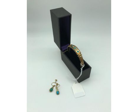 A Victorian 15ct Chester gold ladies bangle, styled with Turquoise and pearl stones, 12 grams in weight,together with a pair 