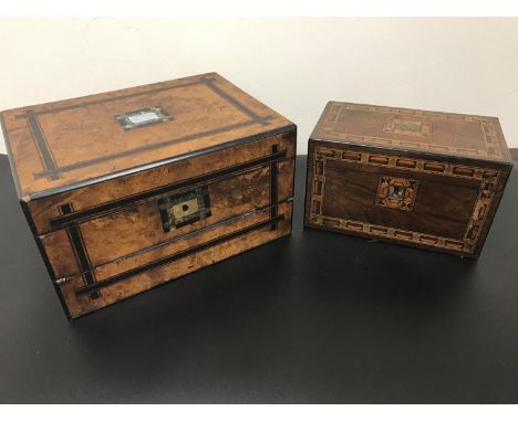 A Victorian writing slope box together with a Victorian tea caddy box. 