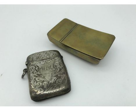 Brass Snuff box and Birmingham silver vesta case. 