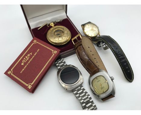 A lot of three watches to include, Champagne face Rotary gents wrist watch, An Oris incabloc square face wrist watch &amp; a 