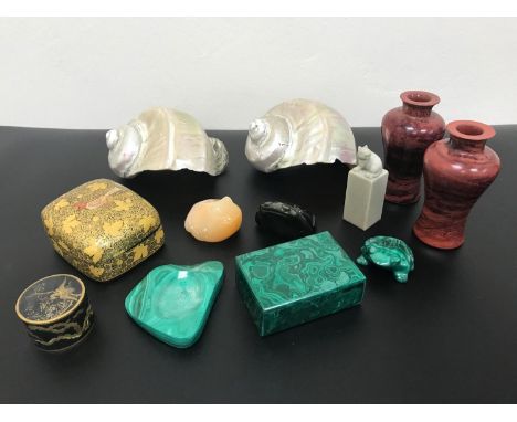 A collection of oriental Jade and hard stone items, together with two mother of pearl shells 