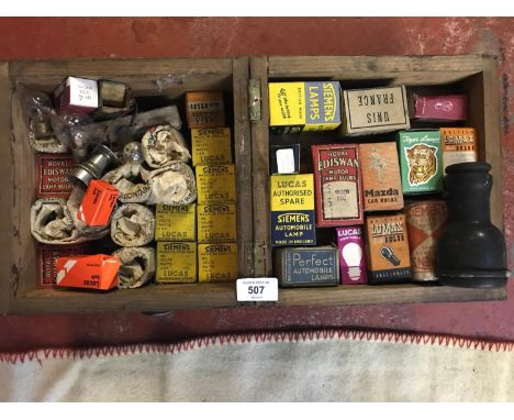 Vintage phone box full of various Lumax Lucas and Royal Ediswan Motor Lamp Bulbs many in original boxes. 