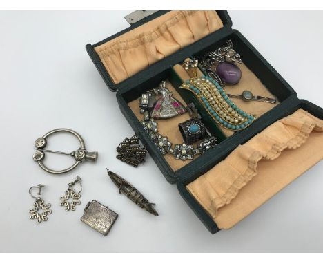 A vintage jewel box containing various silver jewellery &amp; costume jewellery, to include Ola Gorie earrings 