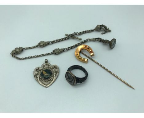 A Chester silver &amp; enamel fob medal, a Victorian seal ring, Victorian gold pin &amp; white metal albert chain 