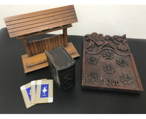 An Arts &amp; Crafts hand carved dragon design key holder dated 1900. Vintage wooden pipe holder. Together with Arts &amp; Cr
