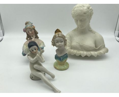 A Lot of ceramic lady Studies. Includes mid 19th century Parian bust of "Clytie". Small Austrian style lady bust and two 1920