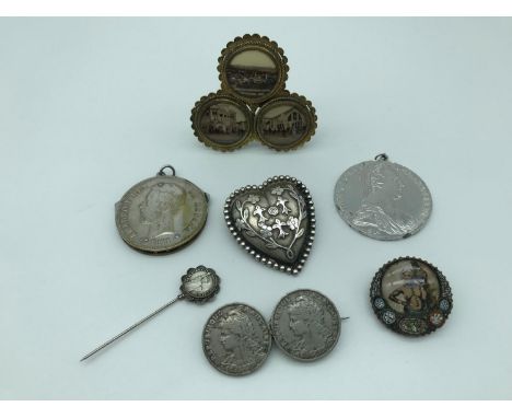 A mixed lot of various vintage trinkets to include adapted coins and three framed Edinburgh exhibition photo's, dated 1908 