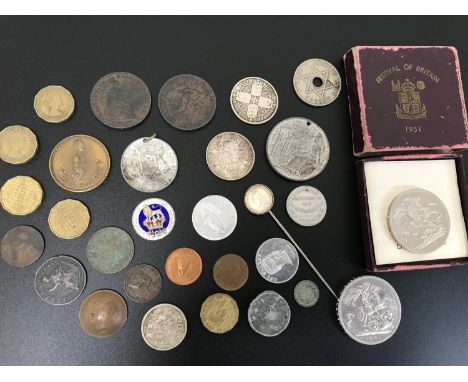 A lot of mixed antique coins, to include 1826 George 4th silver and enamel coin, 1887 5 shilling pin brooch &amp; two 1951 5 