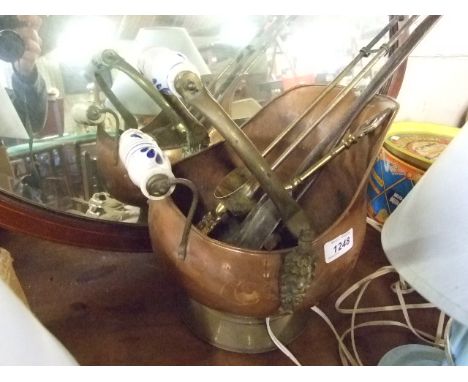 COPPER COAL SCUTTLE & FIRE TOOLS