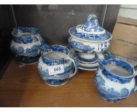 4 PIECES OF BLUE AND WHITE CHINA INC 3 SPODE ITALIAN JUGS