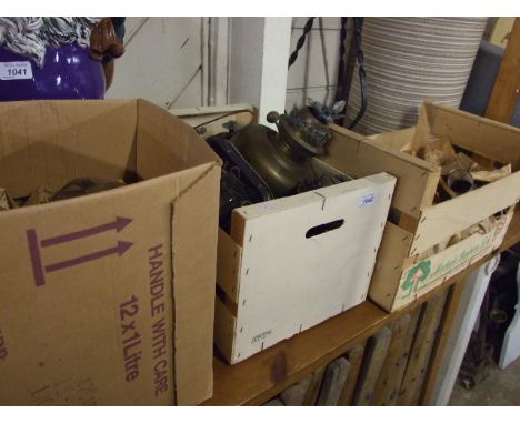 3 BOXES - OIL LAMP GLOBES, FUNNELS, STORM LANTERNS, LAMPS, LAMP STAND ETC