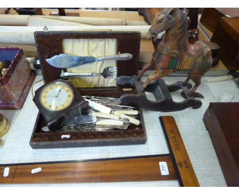 1955 WOODEN 'T' SQUARE, SMITH ELECTRIC CLOCK, WOODEN HORSE PLUS CUTLERY BOX AND CONTENTS OF PLATED CUTLERY