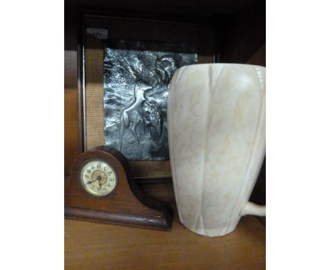 SMALL MANTLE CLOCK, ARTHUR WOOD JUG AND PUNCHED METAL HORSE AND FOAL PICTURE