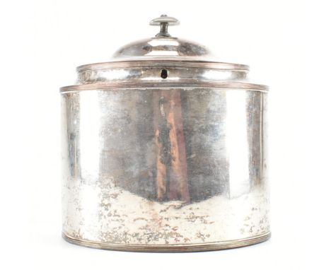 A George III Old Sheffield Plate tea caddy. The caddy in oval form with reeded decoration and hinged lid. The caddy having in