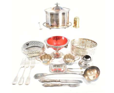 A large collection of silver and white metal plated items. The collection to include tureen, ladle, Elkington &amp; Co stand,