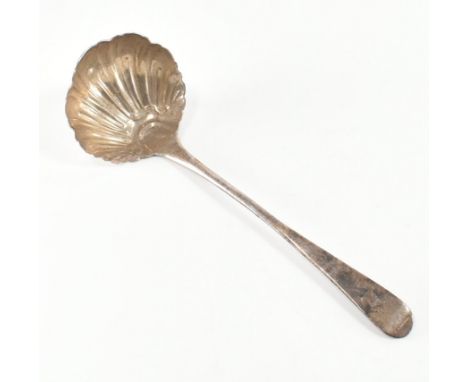 London silver hallmarked ladle with clam shell bowl and plain handle of oar form. Hallmarks partially legible, London, circa 