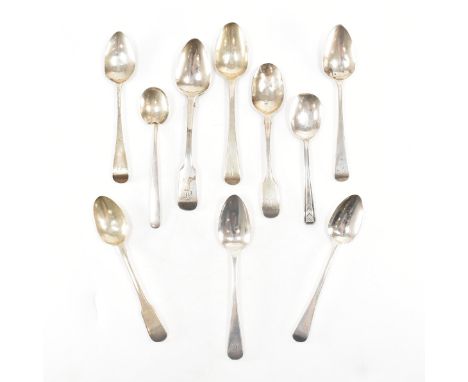 An assortment of Georgian and later hallmarked silver teaspoons. Three spoons having a fiddle pattern to the shoulders and ha