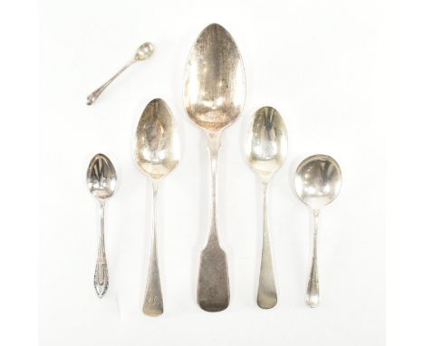 An assortment of Georgian and later hallmarked silver teaspoons, tablespoons and serving spoons and cruet spoons. The cruet s