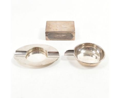 Two hallmarked silver ashtrays and a silver vesta case. The vesta case hallmarked Chester 1903, EJh NJ. Art Deco Boat shaped 