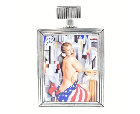 An 800 silver art deco style perfume bottle. The bottle having a rectangular enamel panel depicting a lady's portrait wearing