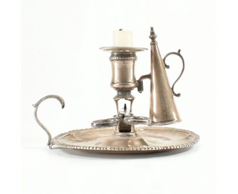 A Georgian hallmarked silver chamber stick / candlestick saucer with matching snuffer, together with silver plated wick sciss