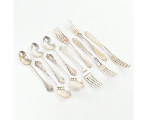 A set of five Danish teaspoons and two hallmarked forks. The spoons having a light planished decoration to handle and back of