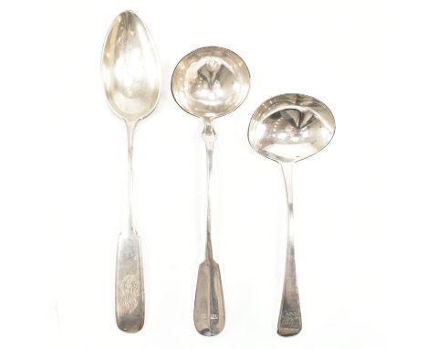 A selection of silver ladles and a serving spoon. To include a Georgian III ladle hallmarked London 1807.&nbsp; A ladle havin