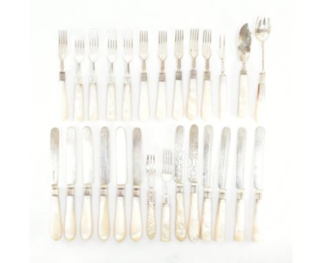 An assorted collection of Georgian &amp; later hallmarked silver &amp; mother of pearl cutlery. The lot to include; A set of 