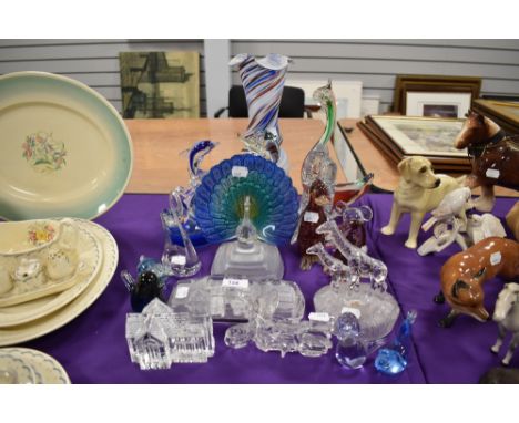 A selection of art glass figures and sculptures including Murano style vase