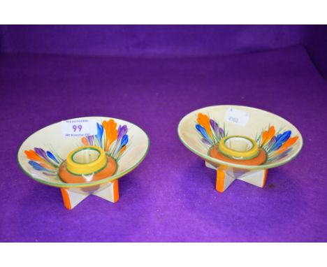 A pair conical of art deco design candle sticks by Clarice Cliff in the autumn crocus design
both overall good condition, one