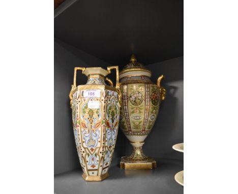 A highly decorated vase and similar lidded urn by Noritake
vase has a repair to handle and a chip to rim
urn has a repair to 