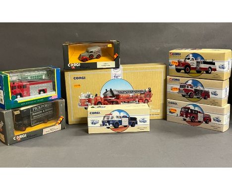 A selection of Corgi fire engines along with a Pickford's removal lorry and a Fullers van Diecast toy boxed 