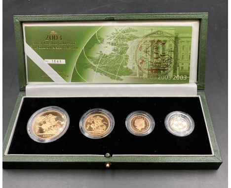 The Royal Mint 2003 United Kingdom Gold Proof Four Coin Sovereign Collection. 22ct gold Five pounds, double sovereign, sovere