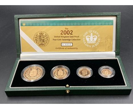 The Royal Mint 2002 United Kingdom Gold Proof Four Coin Sovereign Collection. 22ct gold Five pounds, double sovereign, sovere