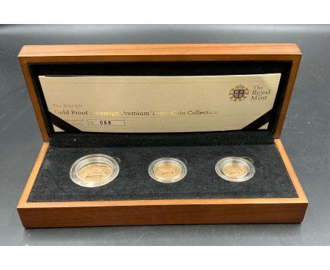 The Royal Mint The Sovereign 2012 Premium Three coin gold proof set, boxed with papers. A double sovereign, a sovereign and a