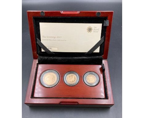 The Royal Mint The Sovereign 2017 Premium Three coin gold proof set, boxed with papers. A double sovereign, a sovereign and a