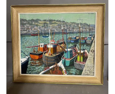 Oil on board of Newlyn Harbour signed top right Alan Morrill
