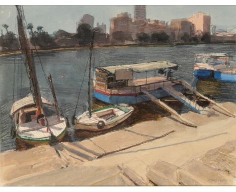 *JOHN NEWBERRY (B. 1934) 'Boats beside the Nile, Cairo, 1991' signed in pencil lower right, watercolour, 22.5cm x 29.5cm; tog